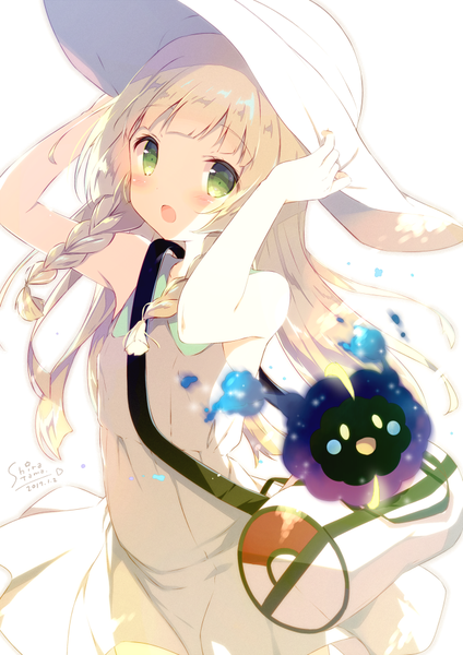 Anime picture 650x919 with pokemon pokemon sm nintendo lillie (pokemon) cosmog shiratama (shiratamaco) single long hair tall image looking at viewer blush open mouth blonde hair simple background white background bare shoulders green eyes signed braid (braids) :o