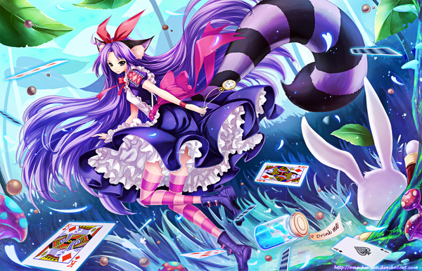 Anime picture 1400x900 with original zenithomocha animal ears purple hair tail very long hair animal tail grey eyes girl thighhighs dress bow hair bow animal belt striped thighhighs clock bunny card (cards) pocket watch