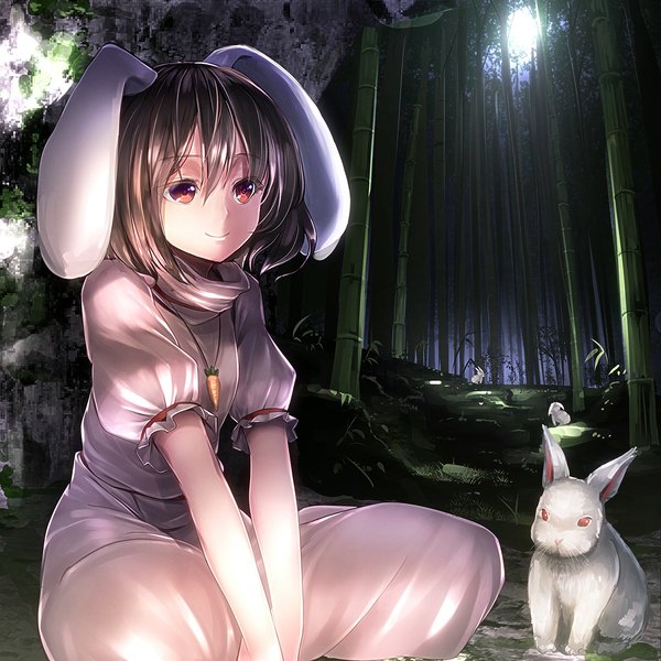 Anime picture 1100x1100 with touhou inaba tewi inaba ryosios single short hair black hair sitting brown eyes animal ears looking away light smile night bunny ears indian style bamboo forest girl dress plant (plants) animal