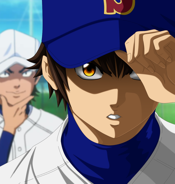 Anime picture 1000x1052 with daiya no ace production i.g sawamura eijun youichi kuramochi flowerinhell single tall image fringe short hair smile brown hair sky cloud (clouds) green hair black eyes teeth orange eyes boy uniform flat cap