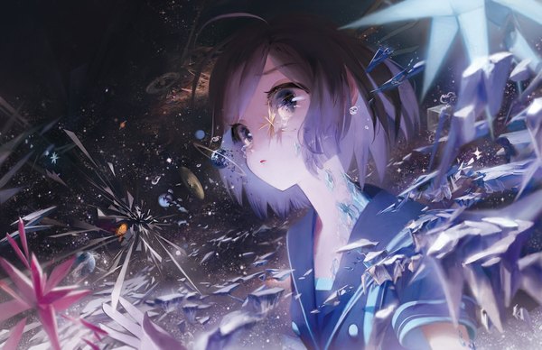 Anime picture 1133x733 with original kaidou single short hair blue eyes looking away ahoge space abstract giant girl serafuku star (stars) crystal planet ice