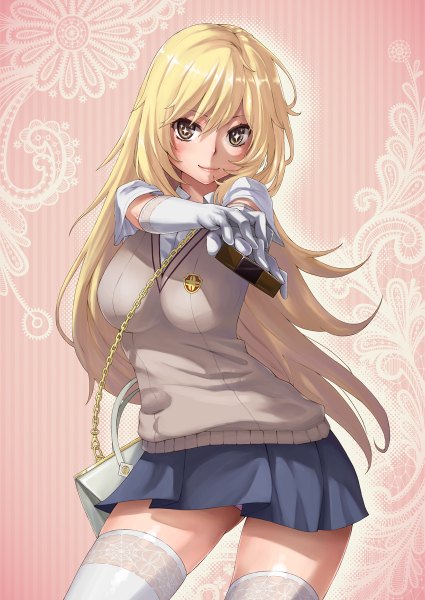 Anime picture 850x1200 with to aru kagaku no railgun to aru majutsu no index j.c. staff shokuhou misaki sawaragi single long hair tall image looking at viewer blush blonde hair brown eyes zettai ryouiki + + girl thighhighs skirt gloves uniform school uniform