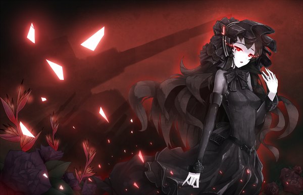 Anime picture 1256x810 with kantai collection isolated island hime ddddddd single long hair black hair red eyes glowing wavy hair glowing eye (eyes) shinkaisei-kan girl dress flower (flowers) petals bonnet