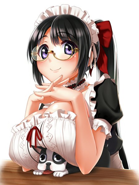 Anime picture 800x1067 with original takebi single long hair tall image blush breasts light erotic black hair smile large breasts purple eyes ponytail maid girl bow hair bow animal glasses headdress