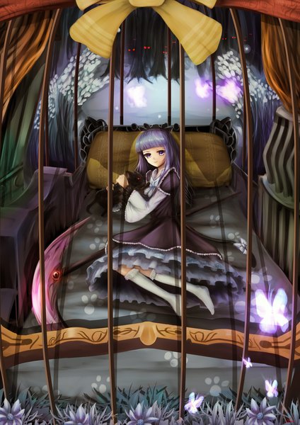 Anime picture 1600x2263 with umineko no naku koro ni furudo erika helrouis (artist) long hair tall image blue eyes blue hair girl dress plant (plants) animal tree (trees) pillow insect butterfly cat scythe cage