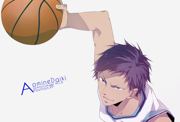 Anime picture 922x626 with kuroko no basket production i.g aomine daiki sara666 (roentgen666) single short hair open mouth simple background purple eyes purple hair from above grey background character names basketball boy uniform gym uniform ball basketball ball basketball uniform