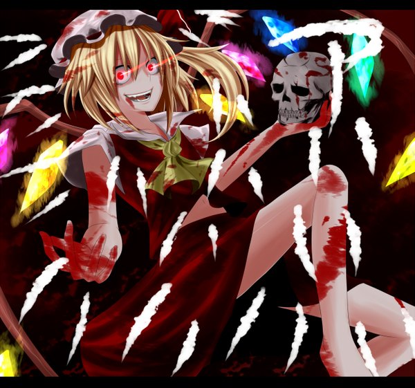 Anime picture 1251x1171 with touhou flandre scarlet rion (jirobass) short hair open mouth blonde hair red eyes crazy girl dress skirt wings blood bonnet skirt set skull
