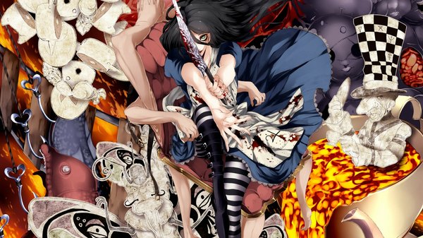 Anime picture 1920x1080 with american mcgee's alice (game) alice (american mcgee's) mad hatter long hair looking at viewer highres black hair wide image green eyes maid holding hands hands behind back hands clasped checkered abstract yandere girl dress weapon hat