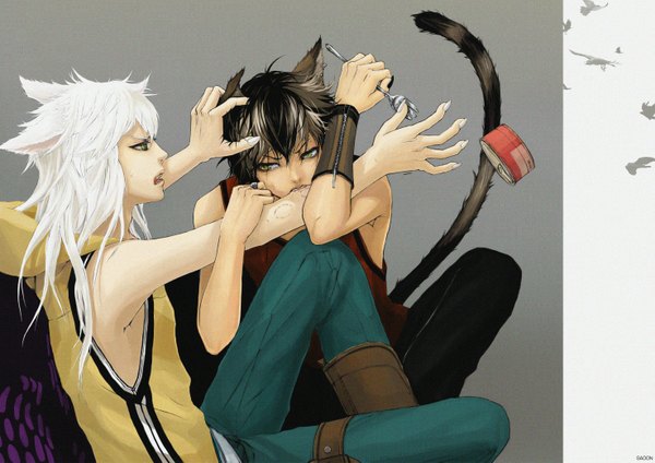 Anime picture 1474x1043 with original sadon (pixiv) long hair black hair simple background green eyes animal ears white hair animal tail profile grey background bite boy pants claws fork preserves