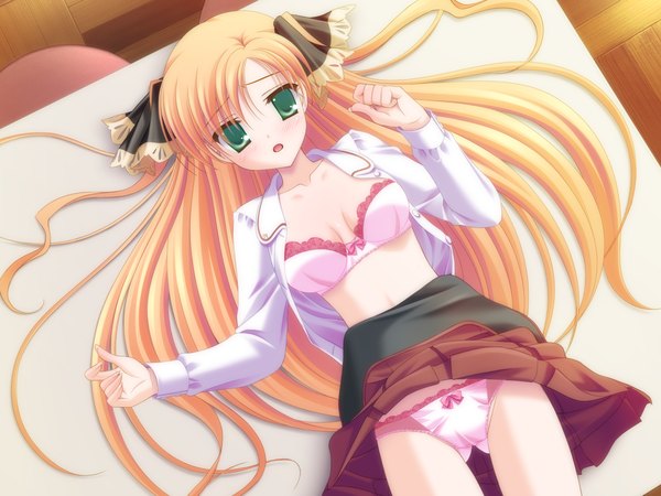 Anime picture 1600x1200 with canvas 3 valentine pink akebi yusa long hair blush open mouth light erotic twintails green eyes game cg lying orange hair open clothes girl hair ornament underwear panties ribbon (ribbons) bow hair bow