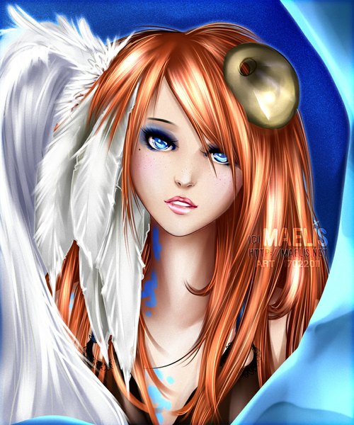 Anime picture 833x1000 with tagme (copyright) m-aelis single long hair tall image looking at viewer blue eyes signed lips orange hair mole mole under eye freckles girl feather (feathers)