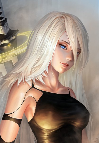 Anime picture 1920x2757 with nier nier:automata yorha type a no. 2 bantish single long hair tall image looking at viewer fringe highres breasts simple background signed upper body white hair lips hair over one eye mole gradient background dated