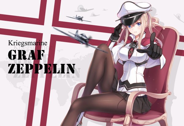 Anime picture 2687x1838 with kantai collection graf zeppelin (kantai collection) ltt challenger single long hair looking at viewer highres blue eyes blonde hair sitting inscription revision girl skirt gloves miniskirt pantyhose black gloves peaked cap