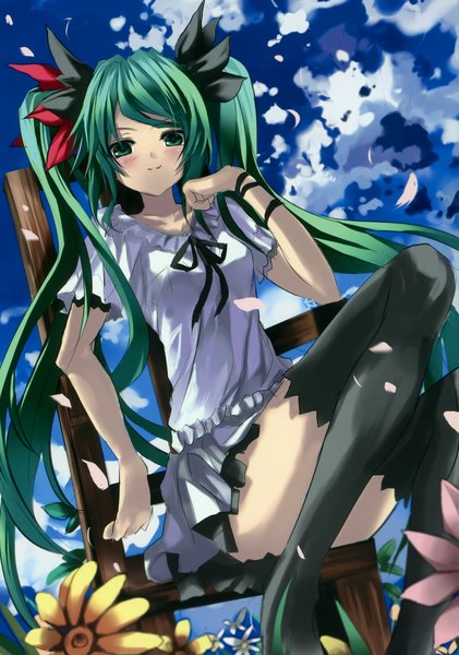 Anime picture 2554x3638 with vocaloid world is mine (vocaloid) hatsune miku shino (eefy) single long hair tall image highres sitting twintails green eyes sky cloud (clouds) green hair scan girl thighhighs skirt flower (flowers) ribbon (ribbons)