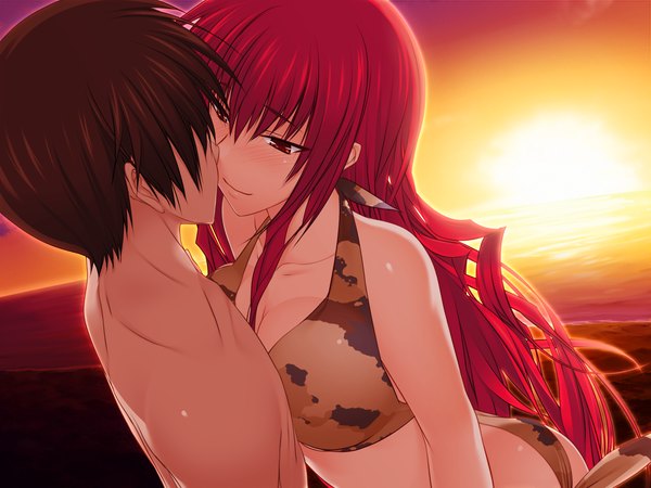 Anime picture 1600x1200 with maji de watashi ni koi shinasai! long hair blush red eyes game cg red hair evening sunset almost kiss girl boy swimsuit bikini