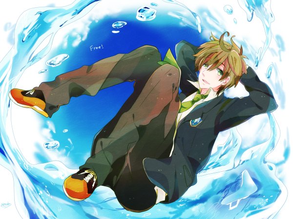 Anime picture 1200x900 with free! kyoto animation tachibana makoto nicole (usako) single blush short hair open mouth brown hair green eyes signed looking away arms behind head boy uniform school uniform water bubble (bubbles)