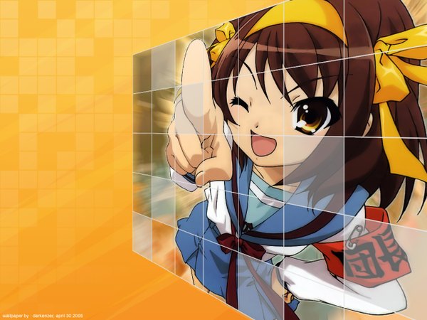Anime picture 1280x960 with suzumiya haruhi no yuutsu kyoto animation suzumiya haruhi pointing girl