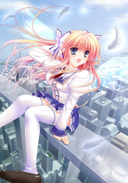 Anime picture 2425x3445 with single long hair tall image highres open mouth blue eyes orange hair city cityscape girl thighhighs bow hair bow white thighhighs wings serafuku feather (feathers)