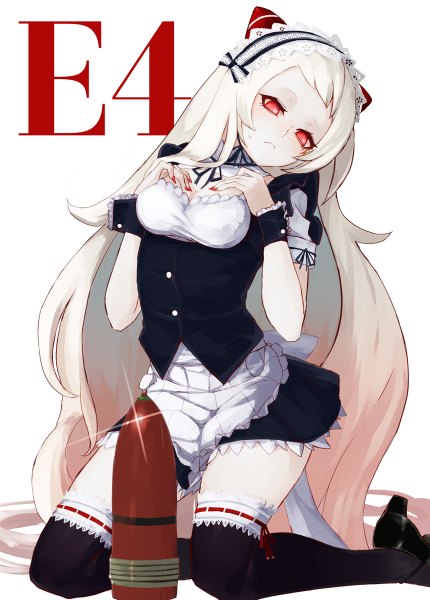 Anime picture 860x1200 with kantai collection airfield hime kumonji aruto single tall image looking at viewer blonde hair red eyes very long hair nail polish inscription maid zettai ryouiki kneeling red nail polish shinkaisei-kan posing girl thighhighs black thighhighs