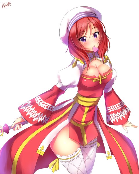 Anime picture 1240x1550 with love live! school idol project ragnarok online sunrise (studio) love live! nishikino maki archbishop (ragnarok online) yu-ta single tall image looking at viewer blush short hair breasts light erotic simple background purple eyes holding cleavage red hair long sleeves