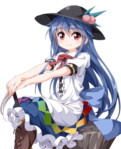 Anime picture 810x1000 with touhou hinanawi tenshi ruu (tksymkw) single long hair tall image looking at viewer blush fringe simple background smile red eyes white background sitting blue hair lacing girl hat knee boots fruit