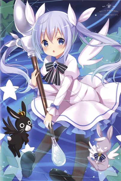 Anime picture 1748x2590 with gochuumon wa usagi desu ka? white fox kafuu chino koi (koisan) single long hair tall image blush highres open mouth blue eyes blue hair scan loli girl dress bow hair bow star (stars) spoon