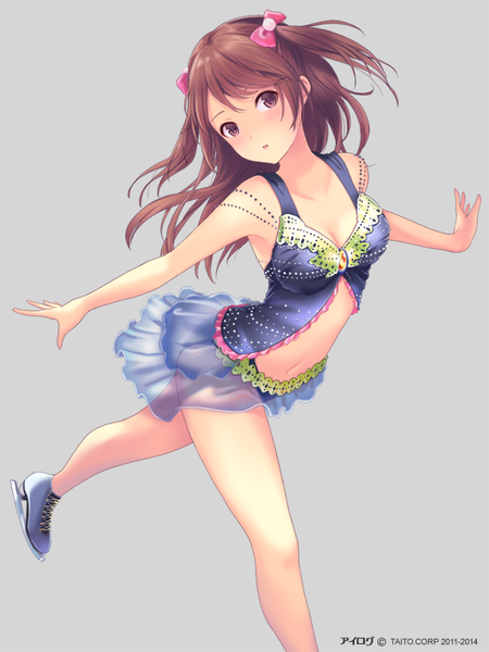 Anime picture 640x853 with ilog suminaka kaori occhan single long hair tall image looking at viewer blush fringe simple background brown hair twintails bare shoulders brown eyes parted lips grey background bare belly leaning leaning forward spread arms