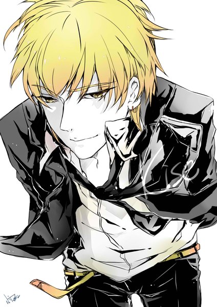 Anime picture 2480x3507 with kuroko no basket production i.g kise ryouta ling tall image looking at viewer highres short hair blonde hair simple background white background yellow eyes pale skin open collar boy earrings shirt necktie belt pants
