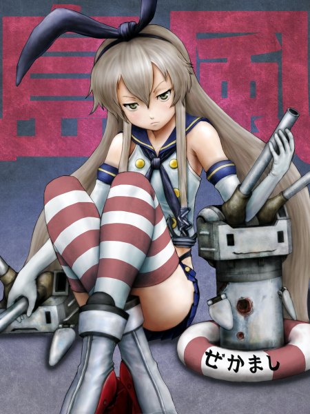 Anime picture 900x1200 with kantai collection shimakaze destroyer rensouhou-chan marimo (pixiv 516046) single long hair tall image light erotic green eyes silver hair girl thighhighs gloves bow weapon hair bow miniskirt elbow gloves boots striped thighhighs