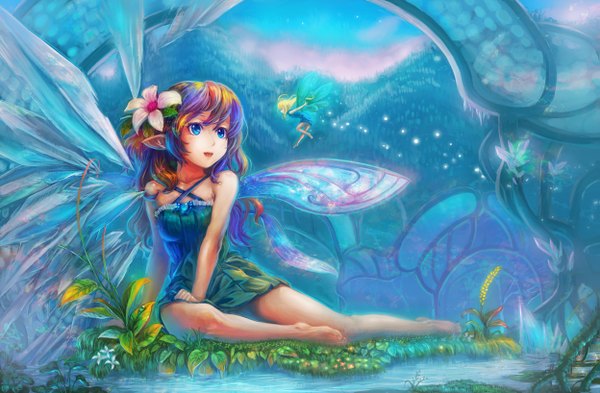 Anime picture 1247x818 with original macchiato (artist) single long hair blue eyes multicolored hair barefoot hair flower pointy ears bare legs fairy girl dress hair ornament flower (flowers) plant (plants) wings