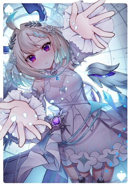 Anime picture 1000x1414 with virtual youtuber nijisanji nijisanji en enna alouette enna alouette (2nd costume) dayuh single tall image looking at viewer fringe short hair blonde hair hair between eyes purple eyes ahoge official alternate costume border outstretched hand head wings girl