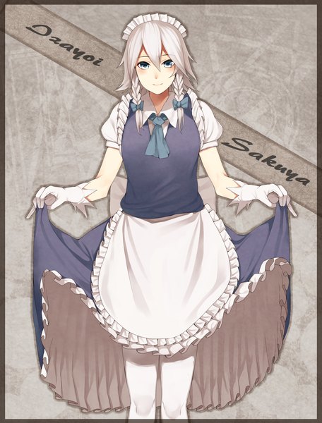 Anime picture 1141x1500 with touhou izayoi sakuya irohara mitabi single tall image looking at viewer blush short hair blue eyes simple background smile white hair braid (braids) inscription grey background maid twin braids border skirt hold girl