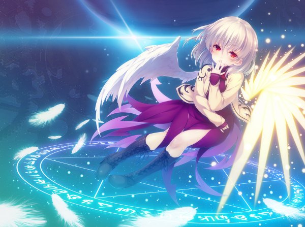 Anime picture 1200x894 with touhou kishin sagume kappa (cooper3w) single looking at viewer blush short hair red eyes white hair magic girl dress wings boots feather (feathers) magic circle