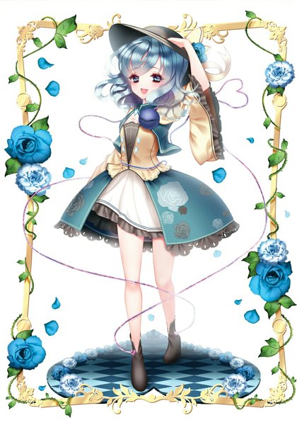 Anime picture 677x968 with touhou komeiji koishi radge single tall image looking at viewer blush short hair open mouth blue eyes blue hair girl dress flower (flowers) hat petals eyeball