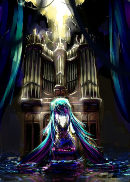 Anime picture 914x1280 with vocaloid hatsune miku antiquewhite single long hair tall image sitting purple hair very long hair multicolored hair from behind sunlight aqua hair pale skin girl dress water musical instrument organ (music)