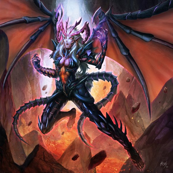 Anime picture 1477x1477 with r-chie (artist) single long hair looking at viewer breasts open mouth signed tail horn (horns) grey hair demon girl demon tail demon wings rock screaming purple skin lava girl earrings wings