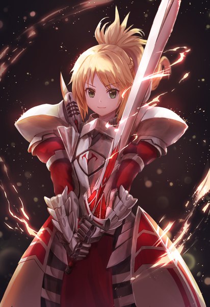 Anime picture 1151x1675 with fate (series) fate/grand order fate/apocrypha mordred (fate) lunacle single long hair tall image looking at viewer fringe blonde hair smile standing green eyes ponytail glowing girl weapon sword armor