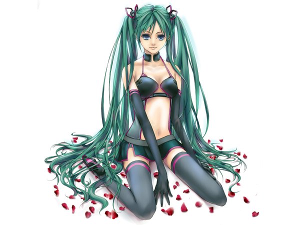 Anime picture 1600x1200 with vocaloid hatsune miku long hair blue eyes white background twintails green hair girl thighhighs gloves petals elbow gloves collar