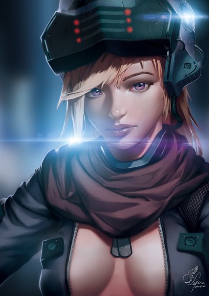 Anime picture 3508x4961 with original lepus single long hair tall image looking at viewer highres breasts light erotic blonde hair purple eyes absurdres girl helmet neckerchief