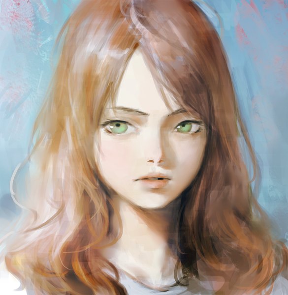 Anime picture 1872x1920 with original arata yokoyama single long hair tall image looking at viewer highres brown hair green eyes parted lips lips close-up blue background messy hair girl