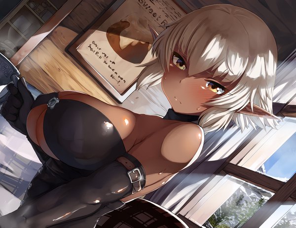Anime picture 1300x1005 with original de-chan (lolicept) belko single looking at viewer blush fringe short hair breasts light erotic hair between eyes bare shoulders brown eyes cleavage upper body white hair indoors pointy ears sweat dutch angle