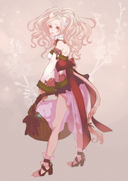 Anime picture 708x1000 with original pixiv genealogy of life niwa torico single long hair tall image blonde hair red eyes bare shoulders animal ears tail animal tail hair flower grey eyes heterochromia wavy hair girl hair ornament flower (flowers) bow