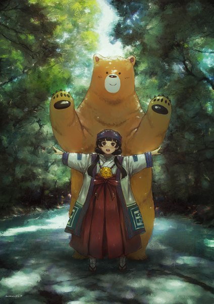 Anime picture 1000x1414 with kumamiko amayadori machi natsu (kumamiko) kuon (kwonchanji) long hair tall image looking at viewer blush open mouth black hair traditional clothes japanese clothes black eyes miko ainu clothes girl plant (plants) animal tree (trees) bear