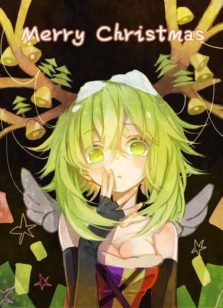 Anime picture 1476x2031 with vocaloid gumi koyuiko single tall image looking at viewer blush short hair bare shoulders green eyes cleavage nail polish horn (horns) green hair christmas merry christmas girl wings fingerless gloves bell