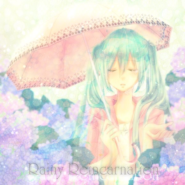 Anime picture 1100x1100 with vocaloid hatsune miku lululu luuuuuun single long hair blush open mouth twintails holding eyes closed aqua hair open clothes open jacket tears crying girl flower (flowers) jacket umbrella