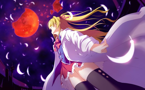 Anime picture 2048x1280 with irotoridori no sekai nikaidou shinku shida kazuhiro long hair highres open mouth blonde hair wide image game cg tears red moon girl thighhighs black thighhighs