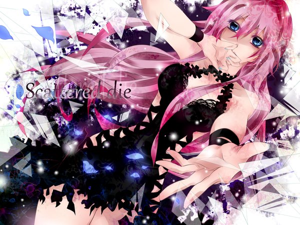 Anime picture 1700x1275 with vocaloid megurine luka tyouya single long hair looking at viewer highres blue eyes bare shoulders pink hair lying inscription girl dress bracelet black dress wrist cuffs