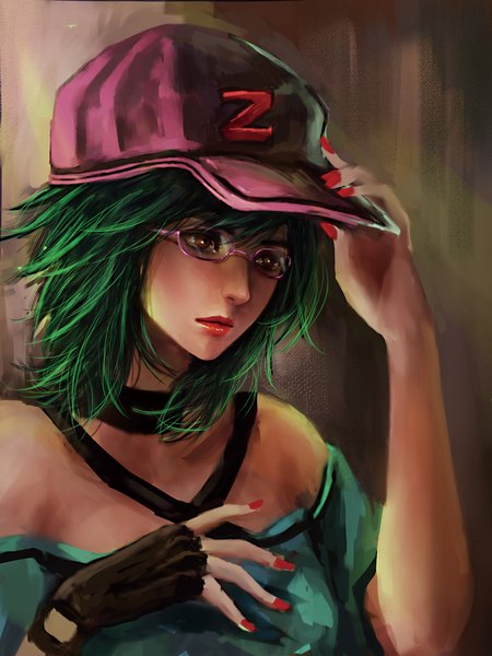 Anime picture 1500x2000 with original rikamello single tall image short hair brown eyes green hair realistic brown background girl glasses single glove flat cap