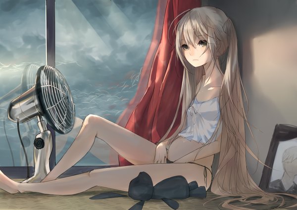 Anime picture 3507x2480 with yosuga no sora kasugano sora messikid single long hair looking at viewer fringe highres light erotic brown hair twintails bare shoulders absurdres sky cloud (clouds) sunlight bare legs bare belly no shoes sunbeam