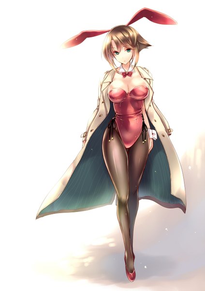Anime picture 1060x1500 with kantai collection mutsu battleship amane ruri single tall image looking at viewer short hair breasts light erotic brown hair large breasts green eyes animal ears bunny ears girl pantyhose bunnysuit